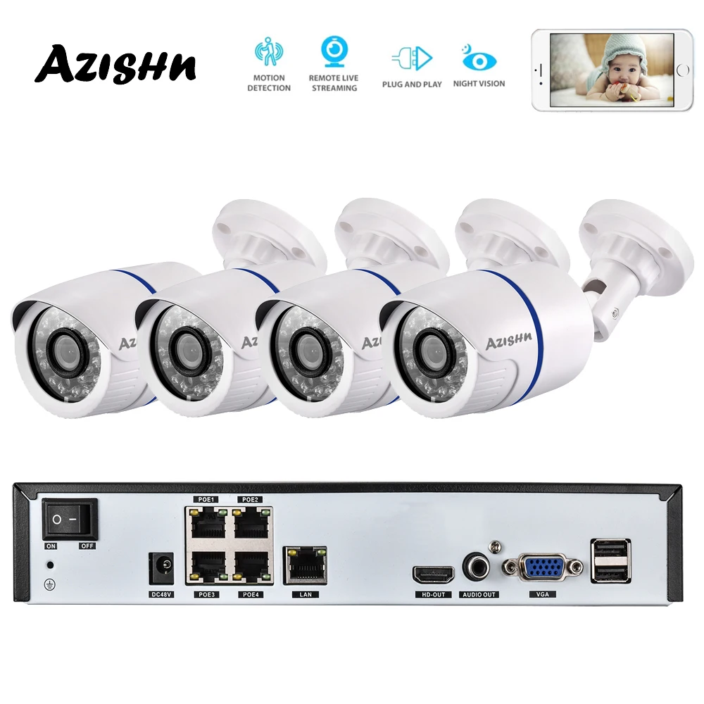 AZISHN-4CH H.265 + 1080P 48V POE 2MP NVR CCTV 카메라 시스템