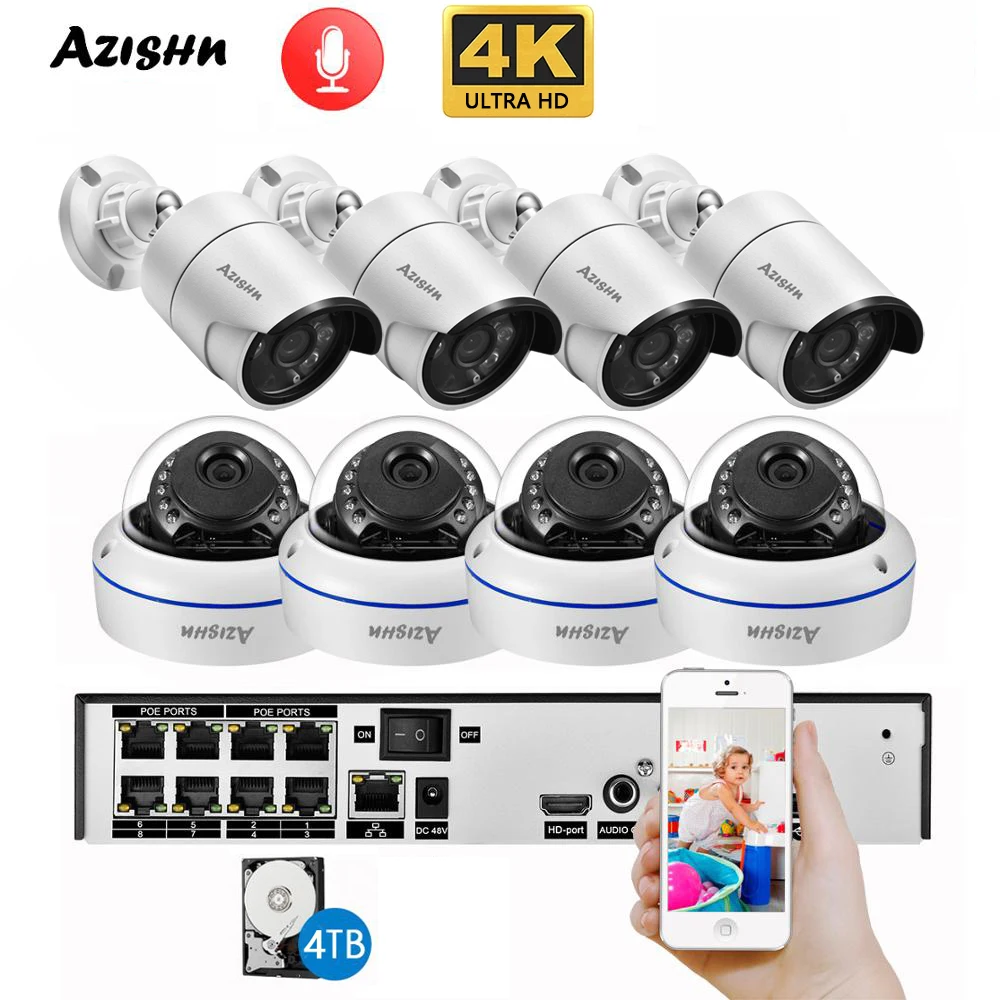 AZISHN 4K 울트라 HD 8MP POE NVR 보안 시스템 키트