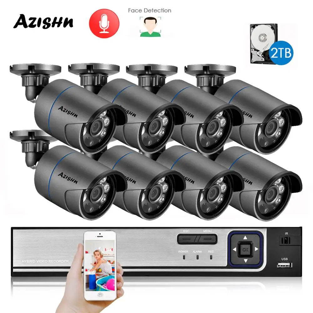 AZISHN-H.265 + 8CH 5MP POE 보안 시스템 NVR 키트 오디오 IP 카메라 IR 야외 IP66 얼굴 감지 CCTV 영상 감시