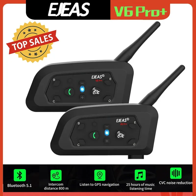 EJEAS V6 PRO + 블루투스 오토바이 헬멧 인터콤 헤드셋