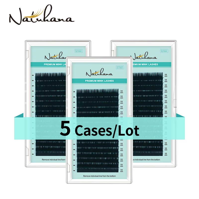 NATUHANA 5 Cases/Lot 16rows 천연 소프트 속눈썹 확장 프리미엄 매트 블랙 개별 밍크 가짜 메이크업 Cilios