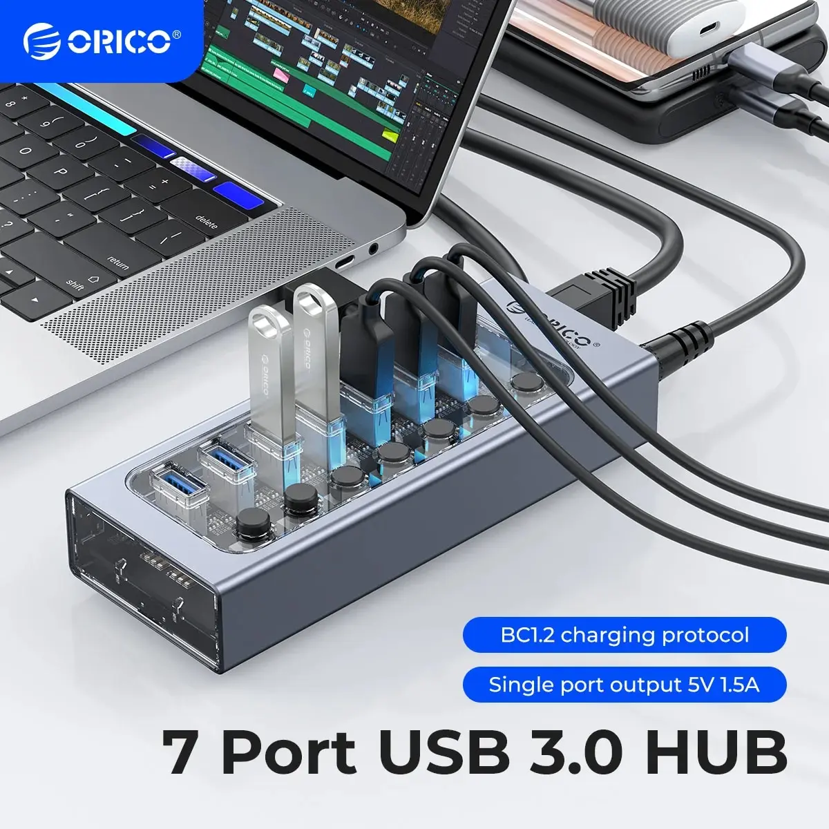 ORICO USB3.0 허브 맥북 휴대 전화 태블릿 용 12v 전원 어댑터가있는 알루미늄 산업용 7 포트 스플리터 스플리트 스위치