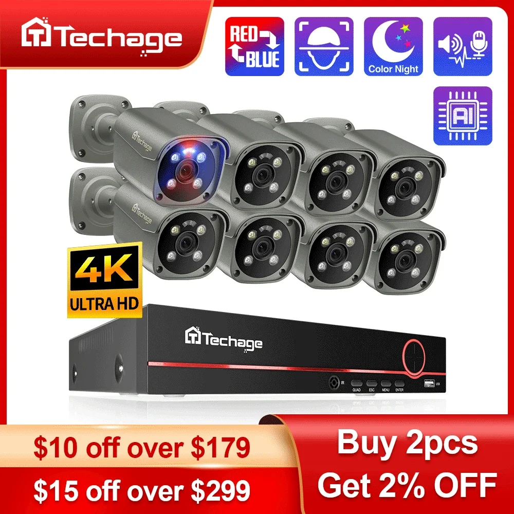 Techage-4K 보안 카메라 시스템 울트라 HD 8MP POE NVR 양방향 오디오 얼굴 감지 컬러 나이트 비전 CCTV 비디오 감시 세트