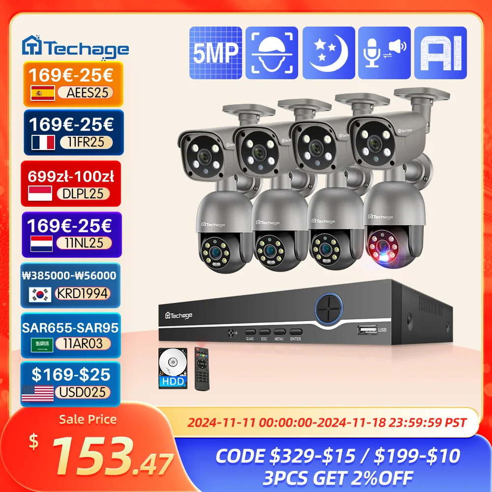 Techage-8CH 4MP POE 보안 감시 카메라 시스템 키트 AI 얼굴 감지 오디오 기록 IP 카메라