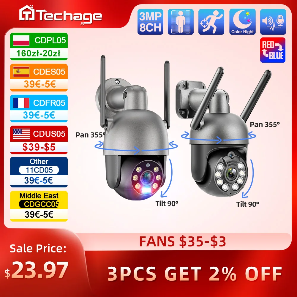 Techage 야외용 무선 보안 PTZ 카메라