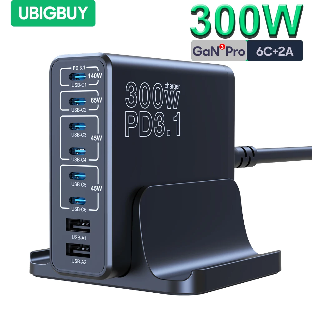 Ubigbuy 300W USB C 급속 충전기 다중 포트 GaN 140W PD 3.1 충전소 PPS 100W 45W MacBook Pro M2 iPhone 15 14 Samsung Galaxy용